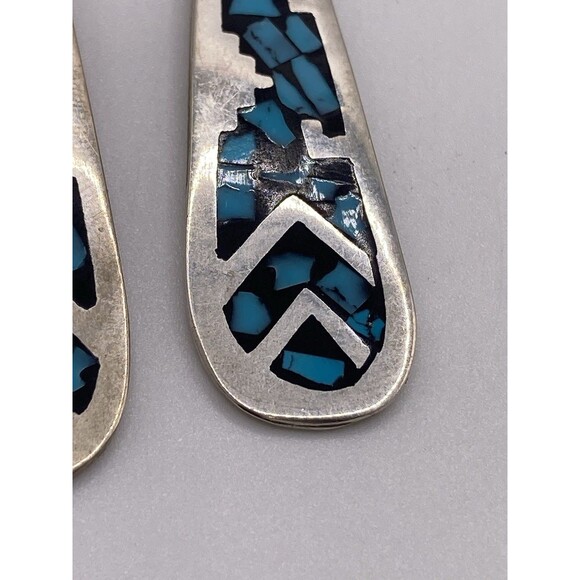 Vintage Mexico Sterling Silver Inlaid Turquoise Large Teardrop Dangle Earrings - Picture 5 of 10